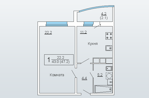 17 этаж 1-комнатн. 47.2 кв.м.