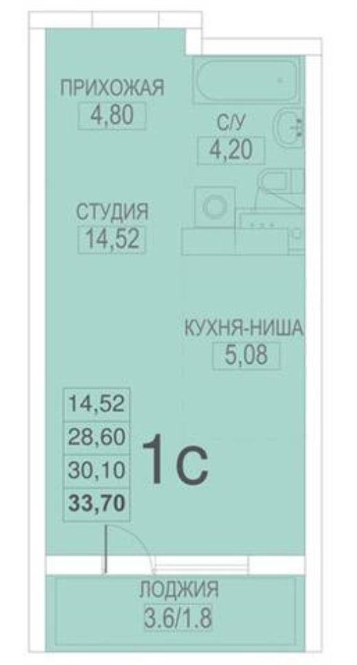 7 этаж 1-комнатн. 39.27 кв.м.