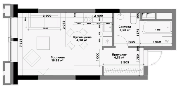 10 этаж 1-комнатн. 46.61 кв.м.