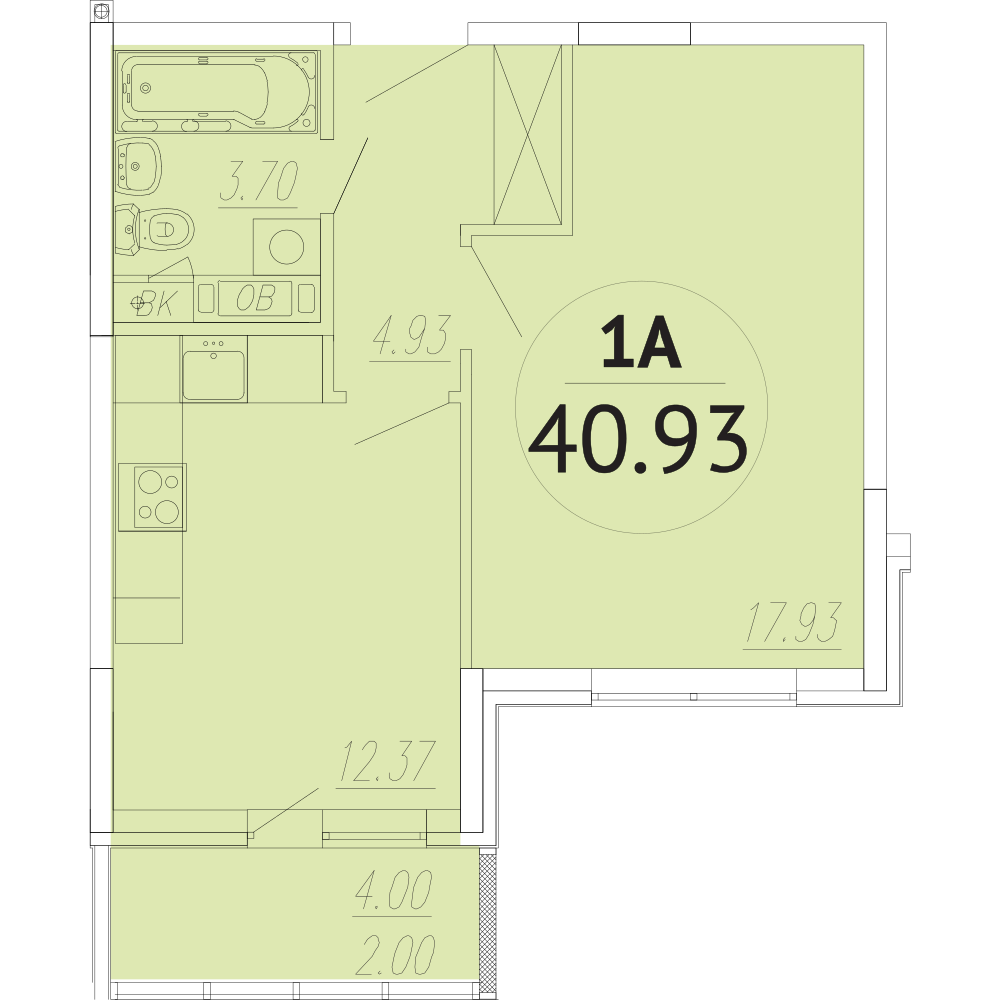 1 этаж 1-комнатн. 40.93 кв.м.
