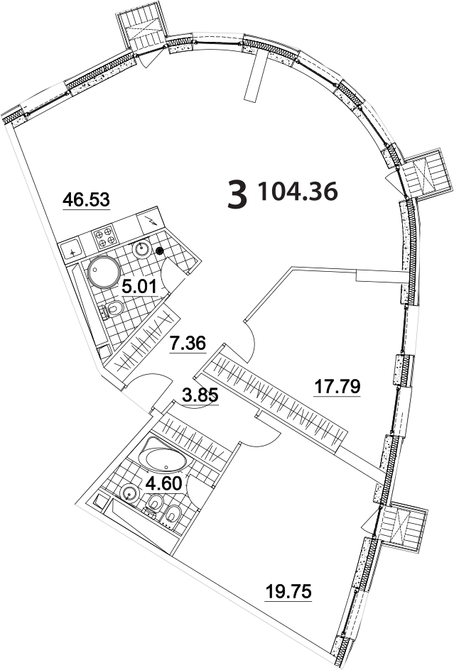 9 этаж 3-комнатн. 104.89 кв.м.