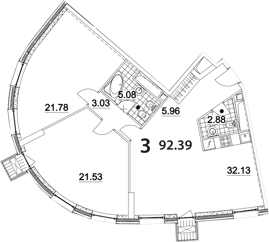 18 этаж 3-комнатн. 92.39 кв.м.