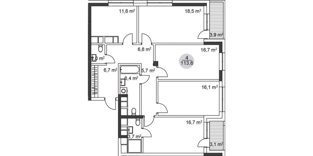 21 этаж 4-комнатн. 113.6 кв.м.
