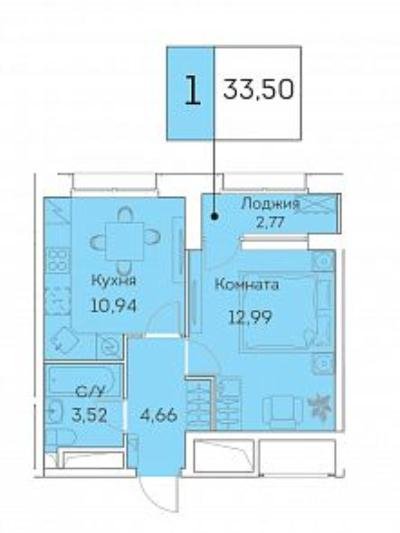 2 этаж 1-комнатн. 33.5 кв.м.