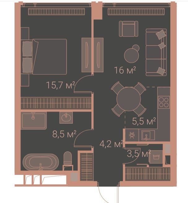 6 этаж 2-комнатн. 53.4 кв.м.