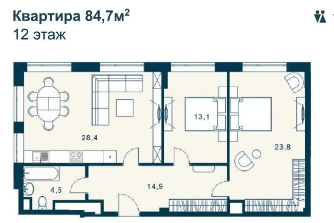 12 этаж 3-комнатн. 84.7 кв.м.